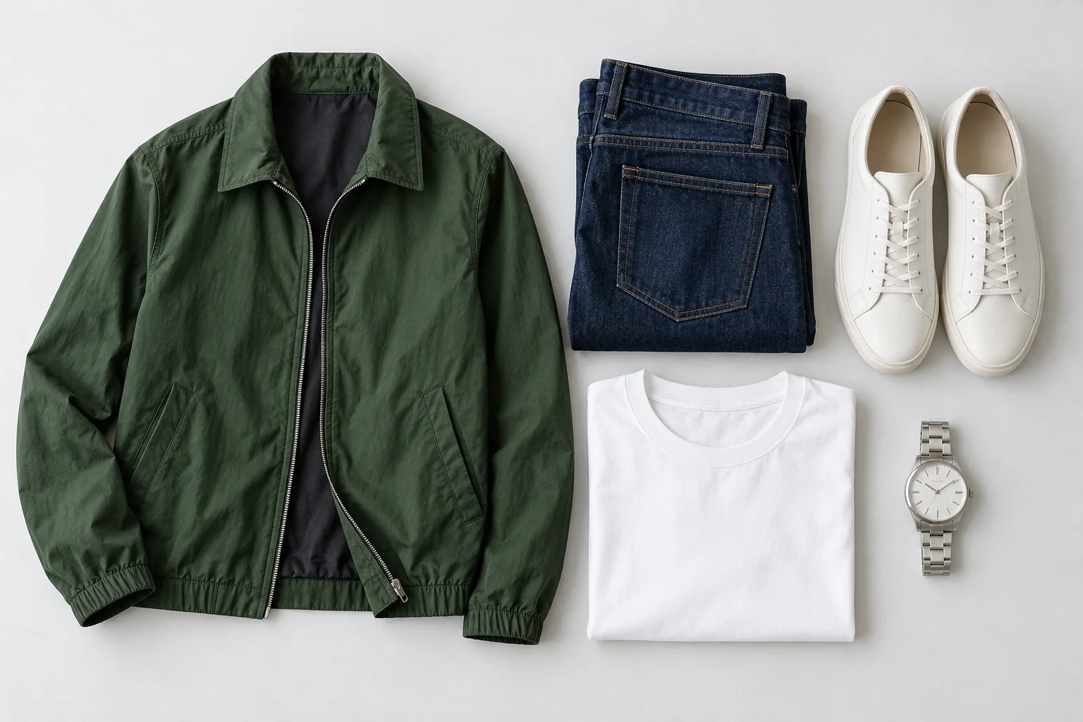 Illustrative Zusammenstellung von Jacke, Jeans, Sneaker und Armbanduhr